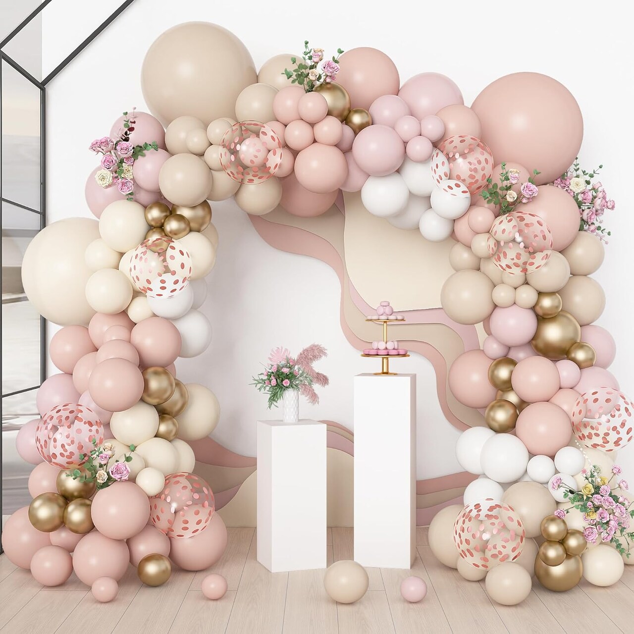 Dusty Pink Balloon Arch Garland Kit, Neutral Baby Pink Ivory White Sand Nude Rose Gold Confetti Balloons